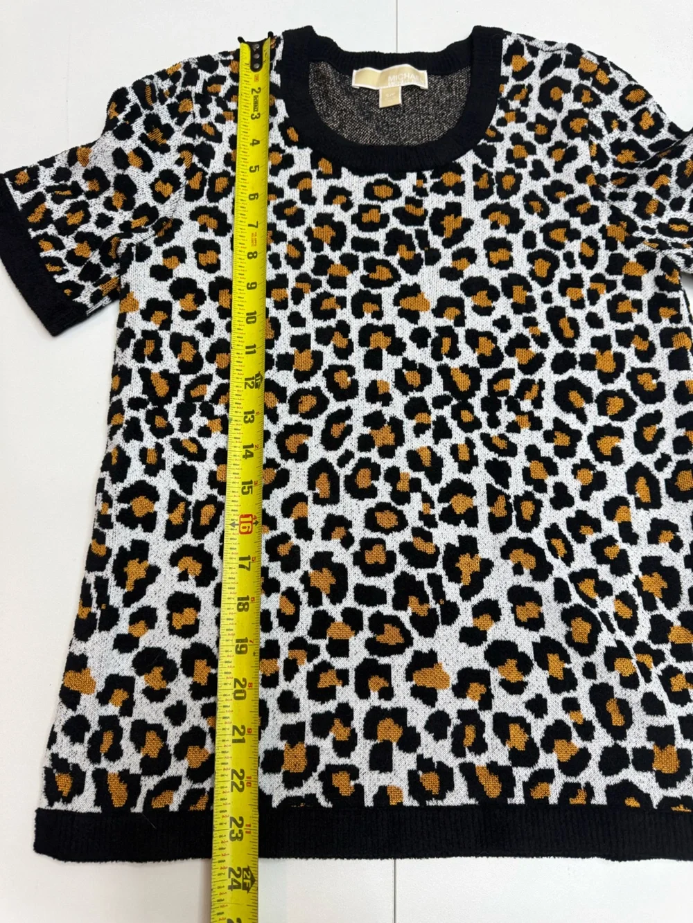 Michael Kors Leopard Print Short knit Sleeve Top - Black, Tan